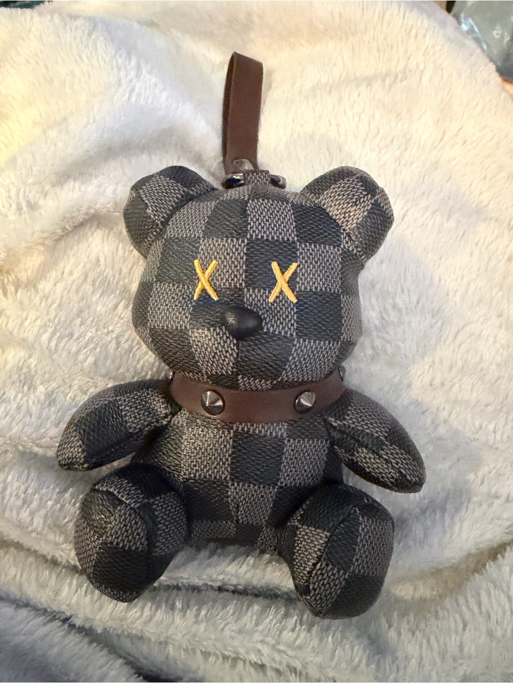 Bear Bag Charm in Gray Check with Yellow Accent Eyes